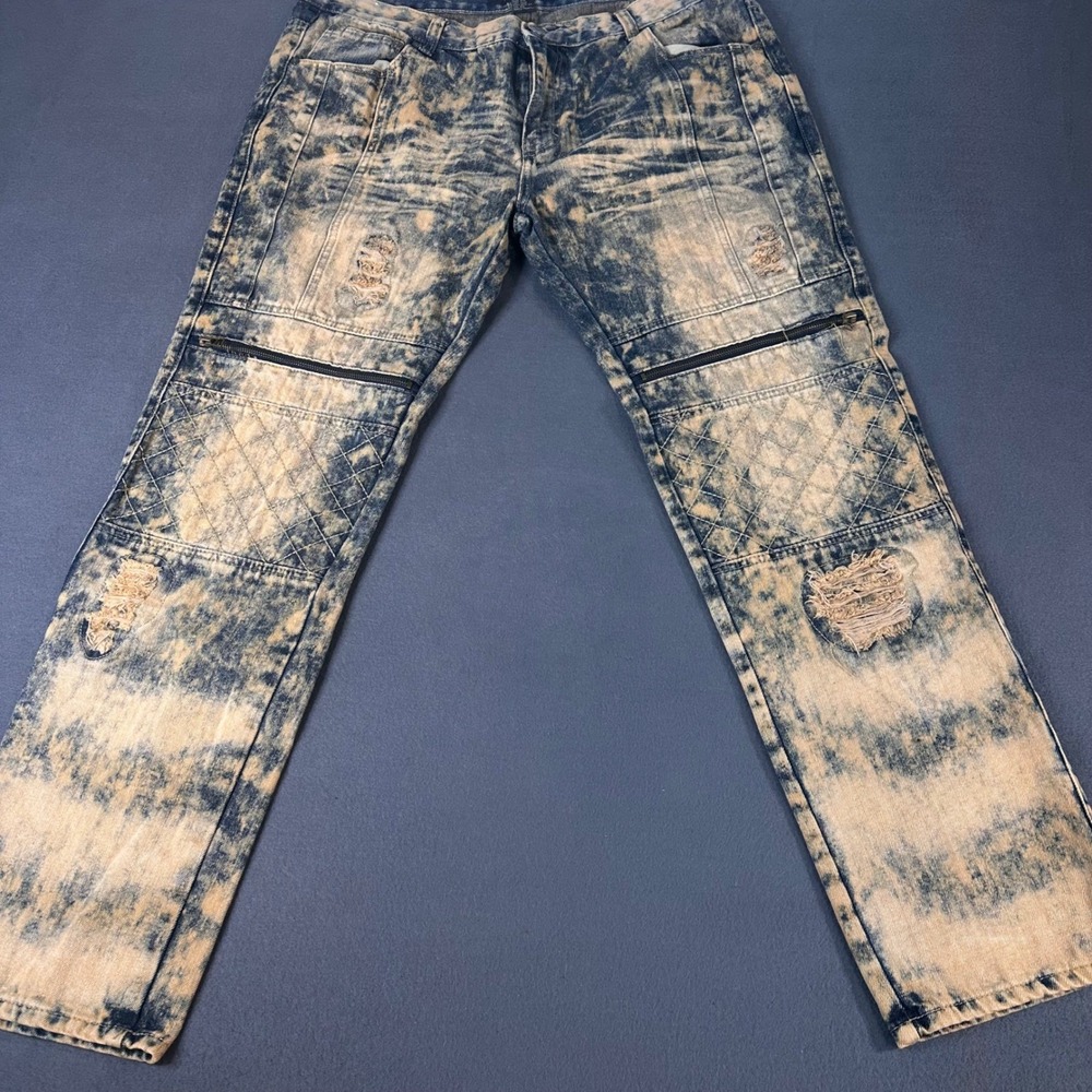 Lion Dynasty Mens Acid Wash Moto Jeans Blue Tan Distressed Quilted Size 38